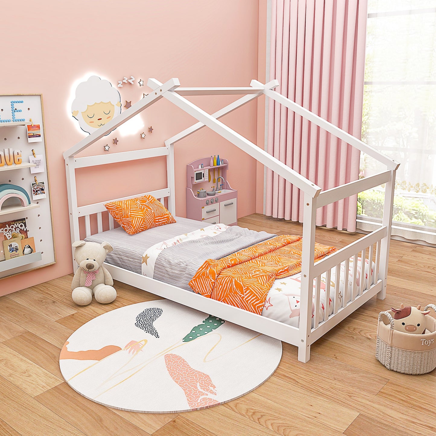 Twin Size Wooden House Bed with Roof and Playful Design for Kids – White
