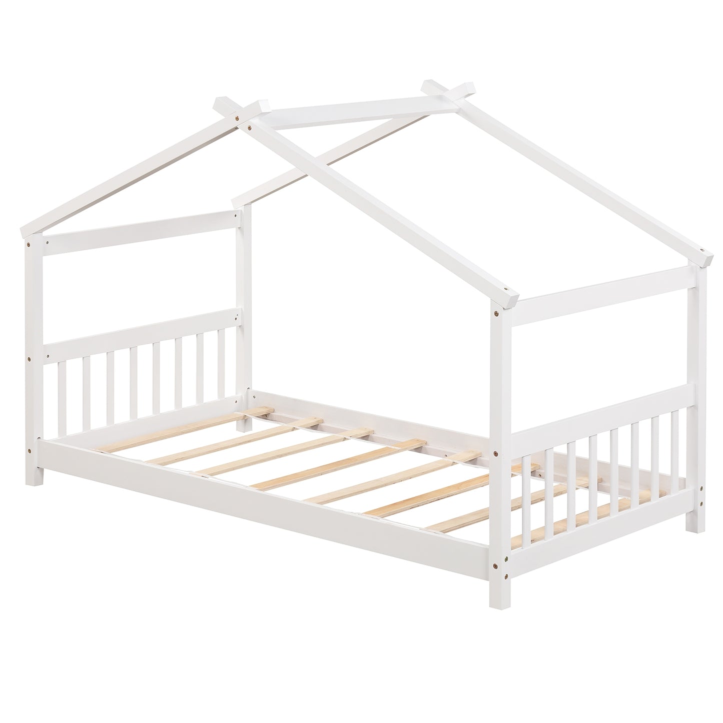 Twin Size Wooden House Bed with Roof and Playful Design for Kids – White