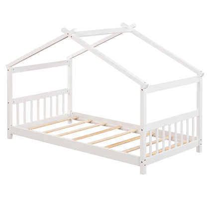 Twin Size Wooden House Bed with Roof and Playful Design for Kids – White
