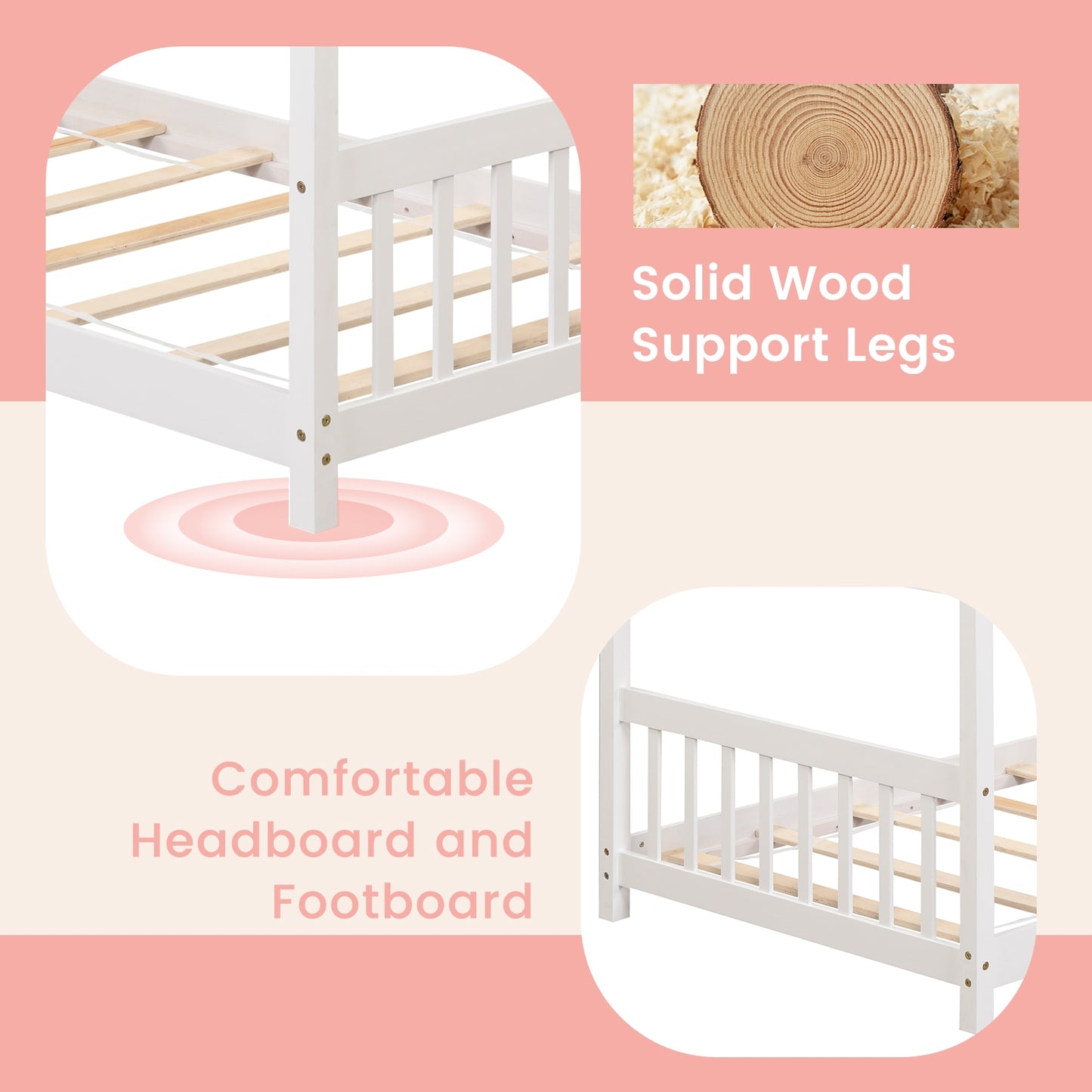 Twin Size Wooden House Bed with Roof and Playful Design for Kids – White