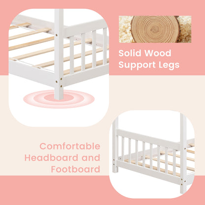 Twin Size Wooden House Bed with Roof and Playful Design for Kids – White