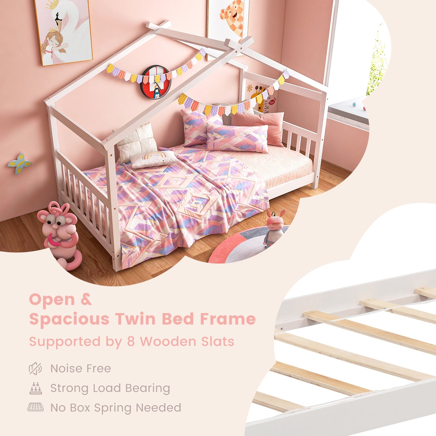 Twin Size Wooden House Bed with Roof and Playful Design for Kids – White