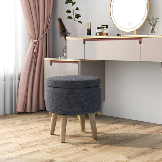 Round Upholstered Storage Ottoman with Flip Lid, Rubber Wood Legs and Adjustable Foot Pads - Grey