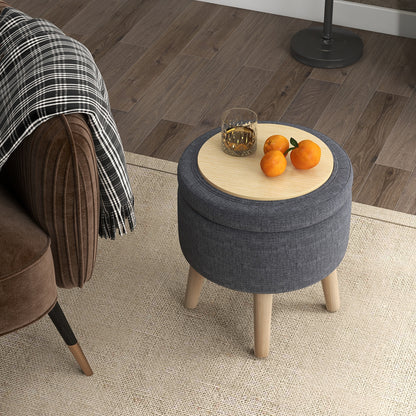 Round Upholstered Storage Ottoman with Flip Lid, Rubber Wood Legs and Adjustable Foot Pads - Grey