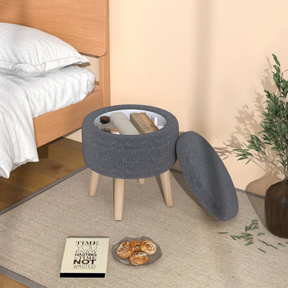 Round Upholstered Storage Ottoman with Flip Lid, Rubber Wood Legs and Adjustable Foot Pads - Grey