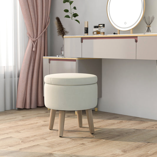 Round Upholstered Storage Ottoman with Flip Lid, Rubber Wood Legs and Adjustable Foot Pads - Beige