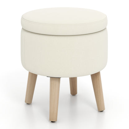 Round Upholstered Storage Ottoman with Flip Lid, Rubber Wood Legs and Adjustable Foot Pads - Beige