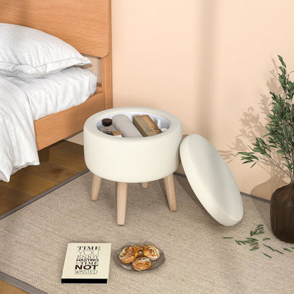 Round Upholstered Storage Ottoman with Flip Lid, Rubber Wood Legs and Adjustable Foot Pads - Beige