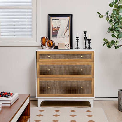 3-Drawer Rattan Storage Dresser with Anti-Tip Kit and Boho Style – White and Brown