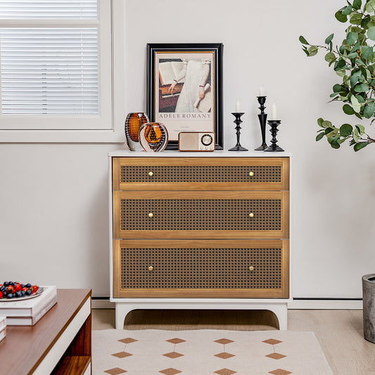 3-Drawer Rattan Storage Dresser with Anti-Tip Kit and Boho Style – White and Brown
