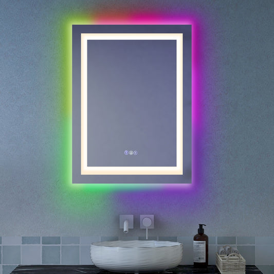 32 x 24 Inch LED Bathroom Mirror with Anti-Fog, 3 Color Front Light & 8 Color RGB Backlight