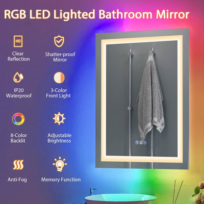 32 x 24 Inch LED Bathroom Mirror with Anti-Fog, 3 Color Front Light & 8 Color RGB Backlight
