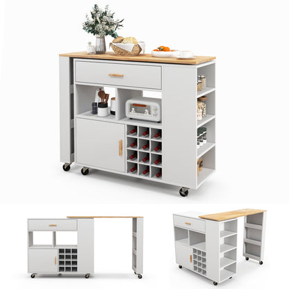 Reversible Folding Kitchen Island Cart with Wine Holder and Spice Shelves