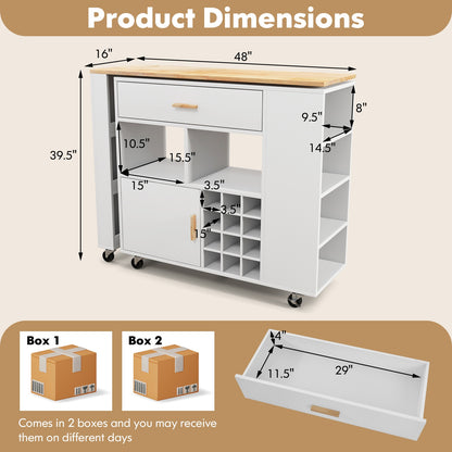 Reversible Folding Kitchen Island Cart with Wine Holder and Spice Shelves