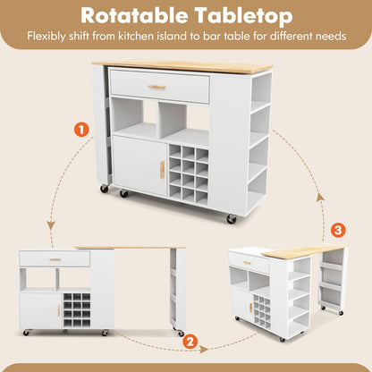Reversible Folding Kitchen Island Cart with Wine Holder and Spice Shelves