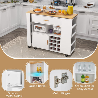 Reversible Folding Kitchen Island Cart with Wine Holder and Spice Shelves
