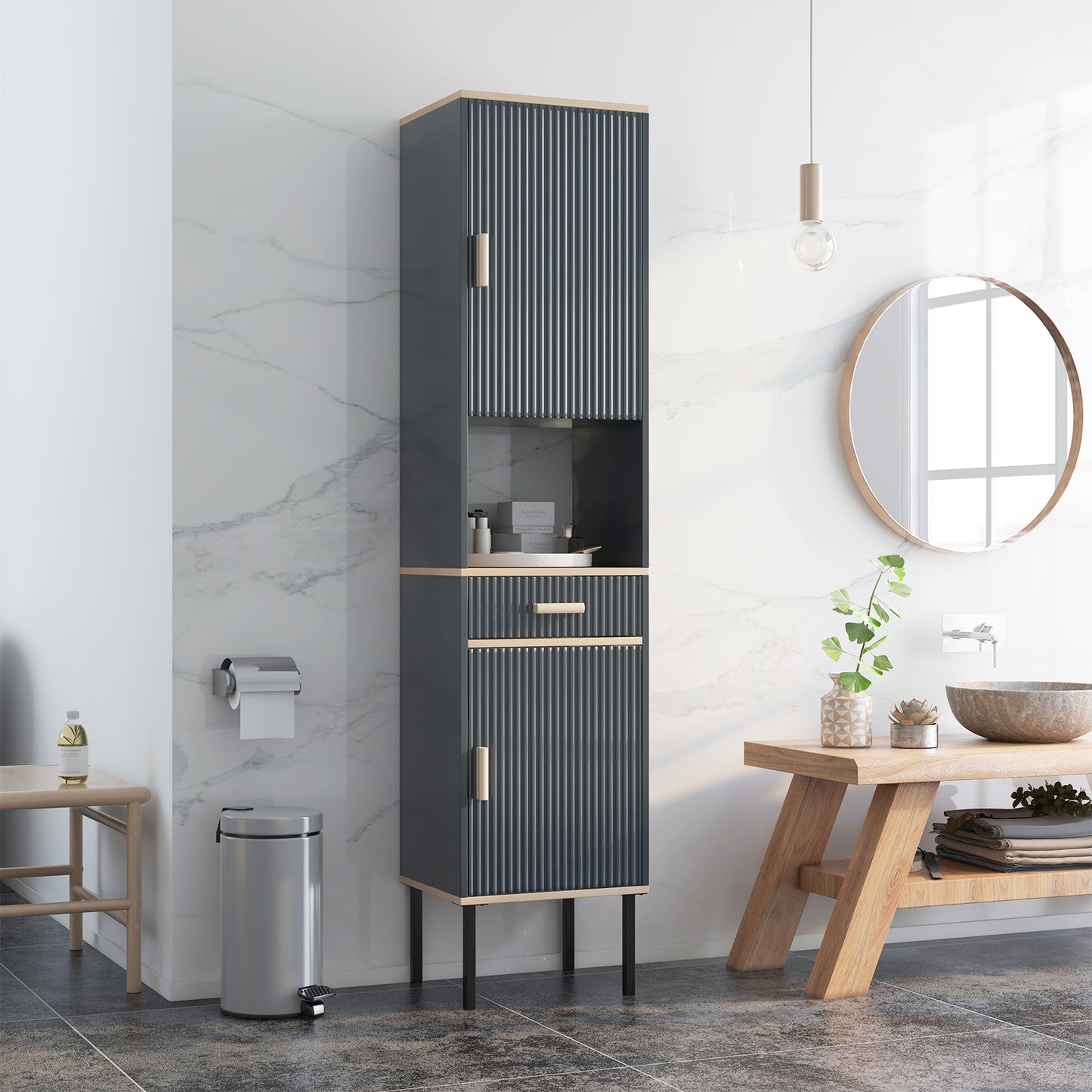 Tall Freestanding Linen Storage Cabinet with Doors & Drawer – Narrow Bathroom Organizer