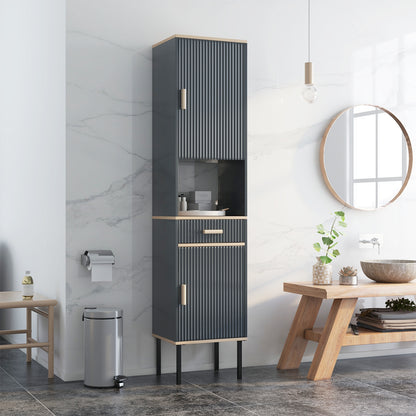 Tall Freestanding Linen Storage Cabinet with Doors & Drawer – Narrow Bathroom Organizer