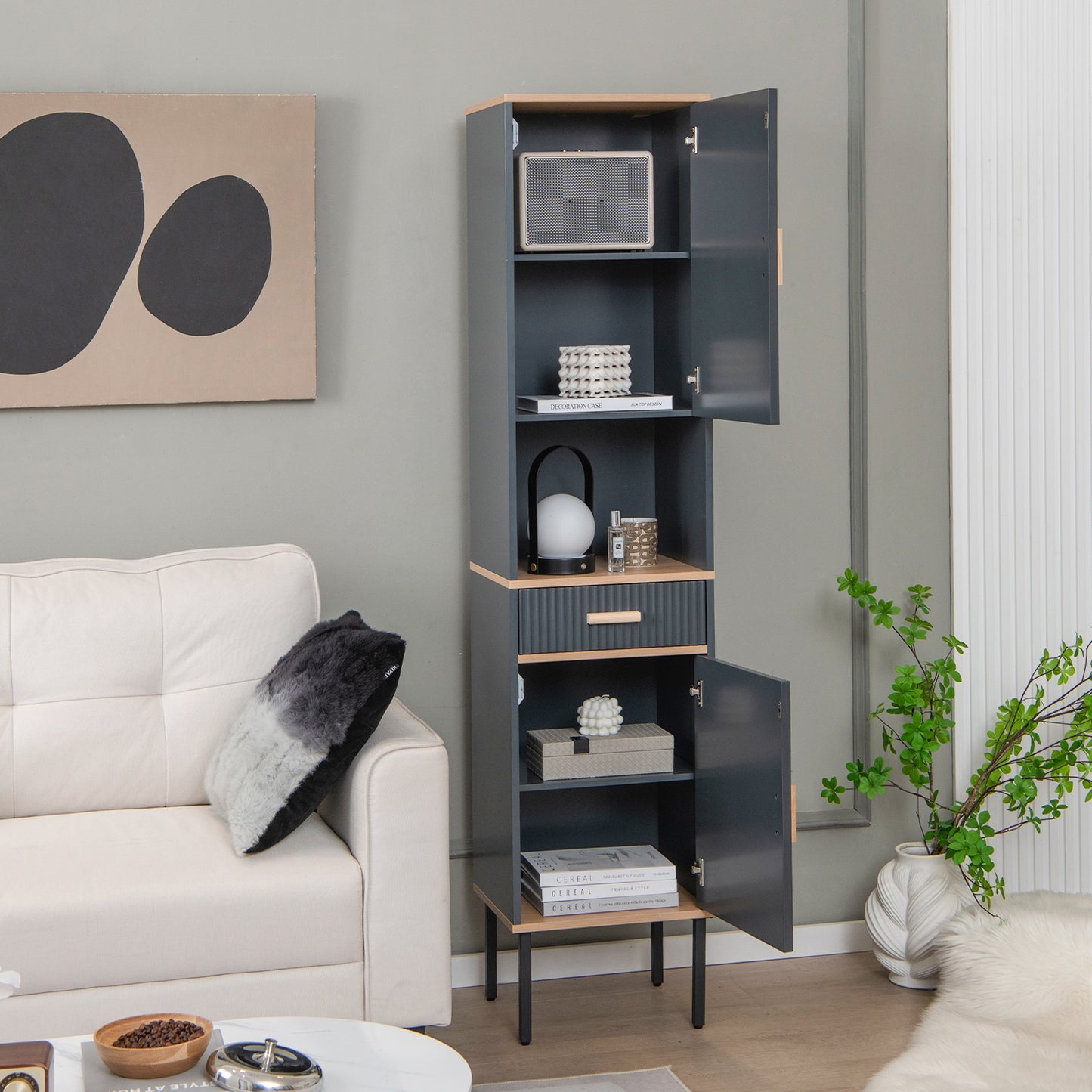 Tall Freestanding Linen Storage Cabinet with Doors & Drawer – Narrow Bathroom Organizer