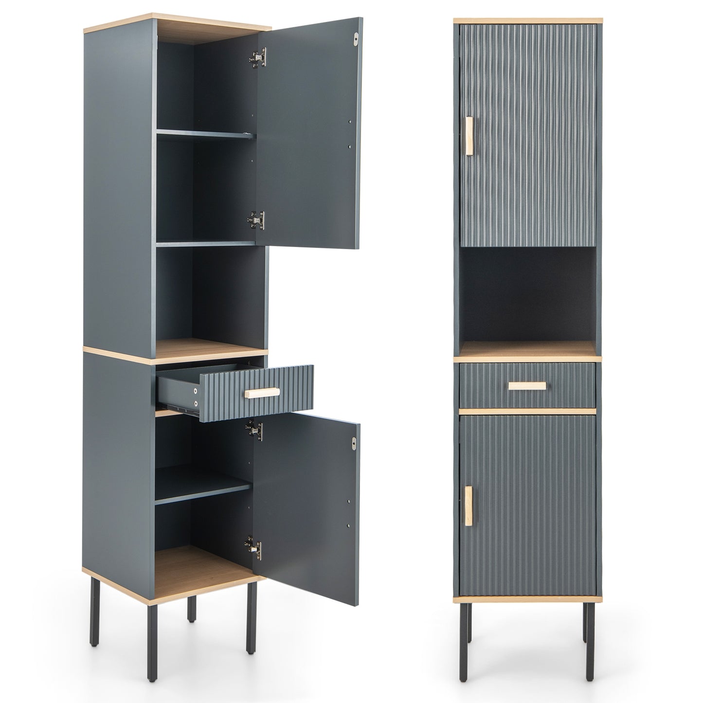 Tall Freestanding Linen Storage Cabinet with Doors & Drawer – Narrow Bathroom Organizer
