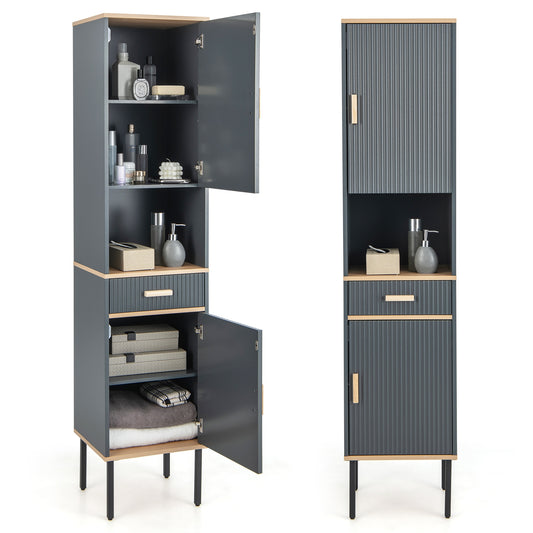 Tall Freestanding Linen Storage Cabinet with Doors & Drawer – Narrow Bathroom Organizer