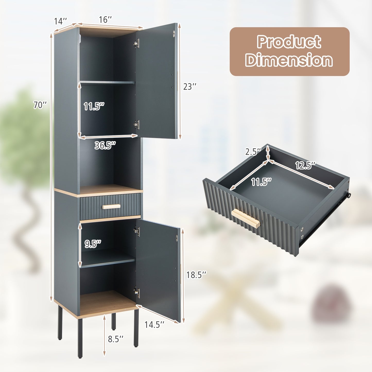 Tall Freestanding Linen Storage Cabinet with Doors & Drawer – Narrow Bathroom Organizer