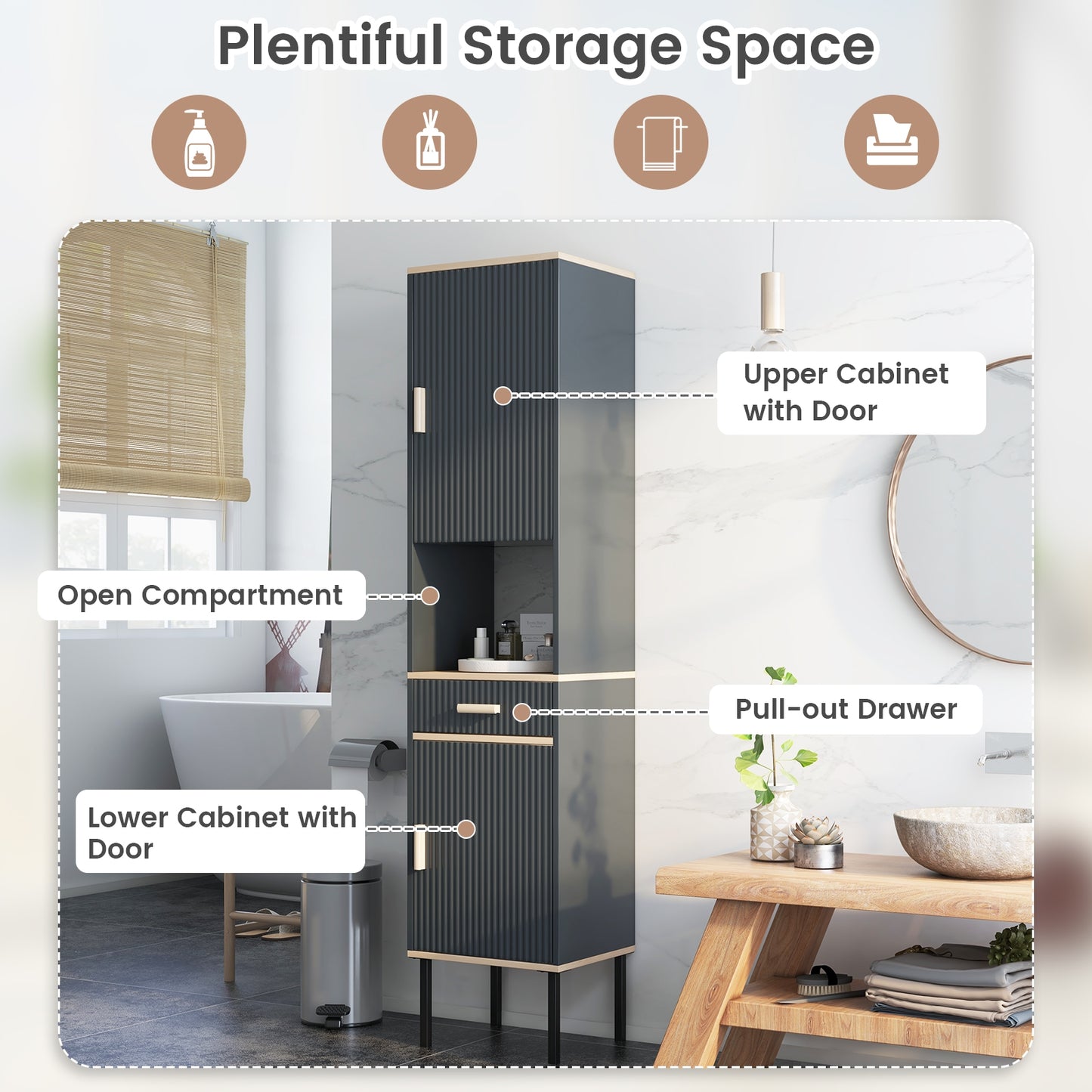 Tall Freestanding Linen Storage Cabinet with Doors & Drawer – Narrow Bathroom Organizer