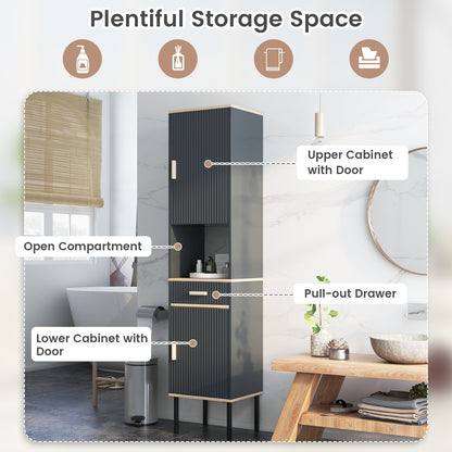 Tall Freestanding Linen Storage Cabinet with Doors & Drawer – Narrow Bathroom Organizer