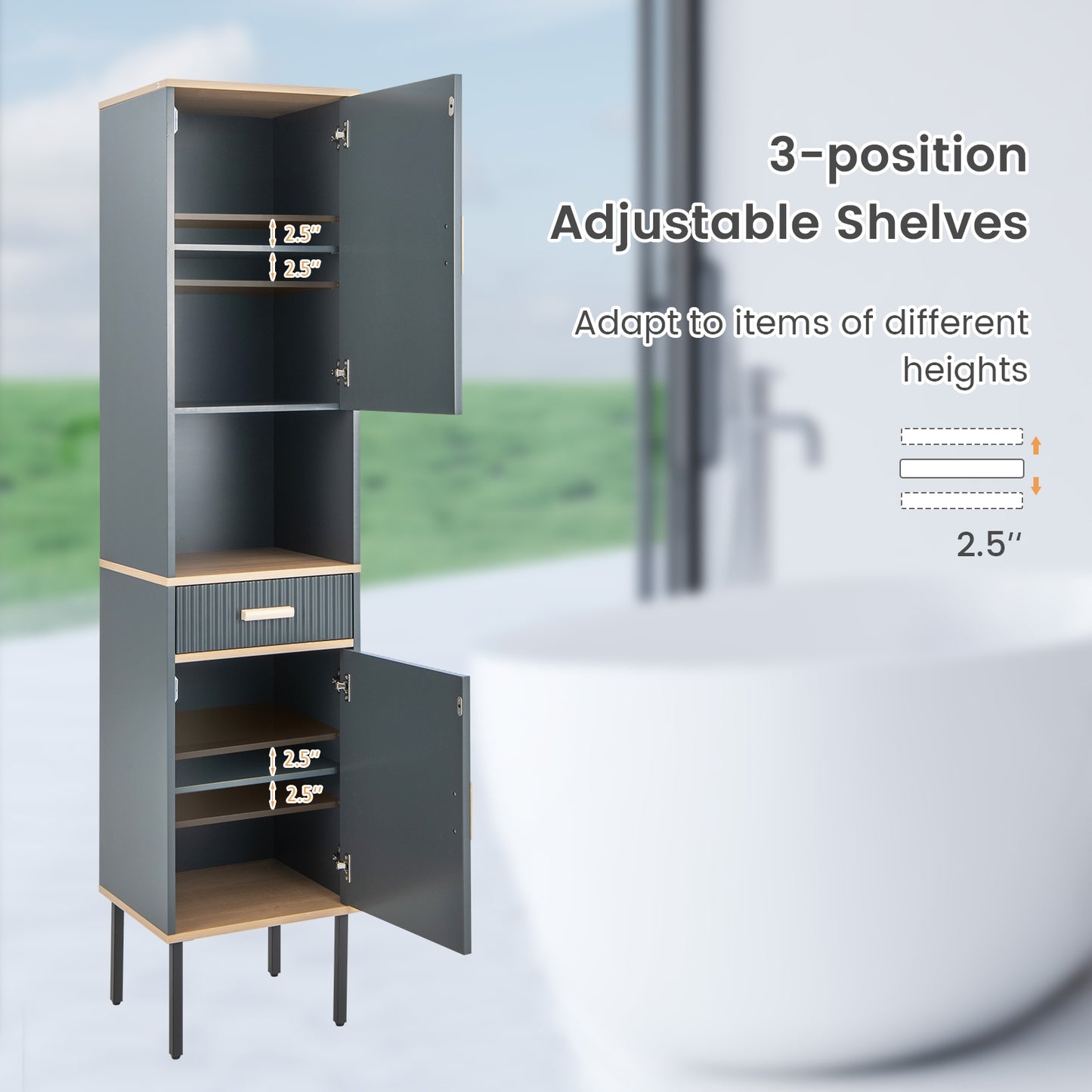 Tall Freestanding Linen Storage Cabinet with Doors & Drawer – Narrow Bathroom Organizer