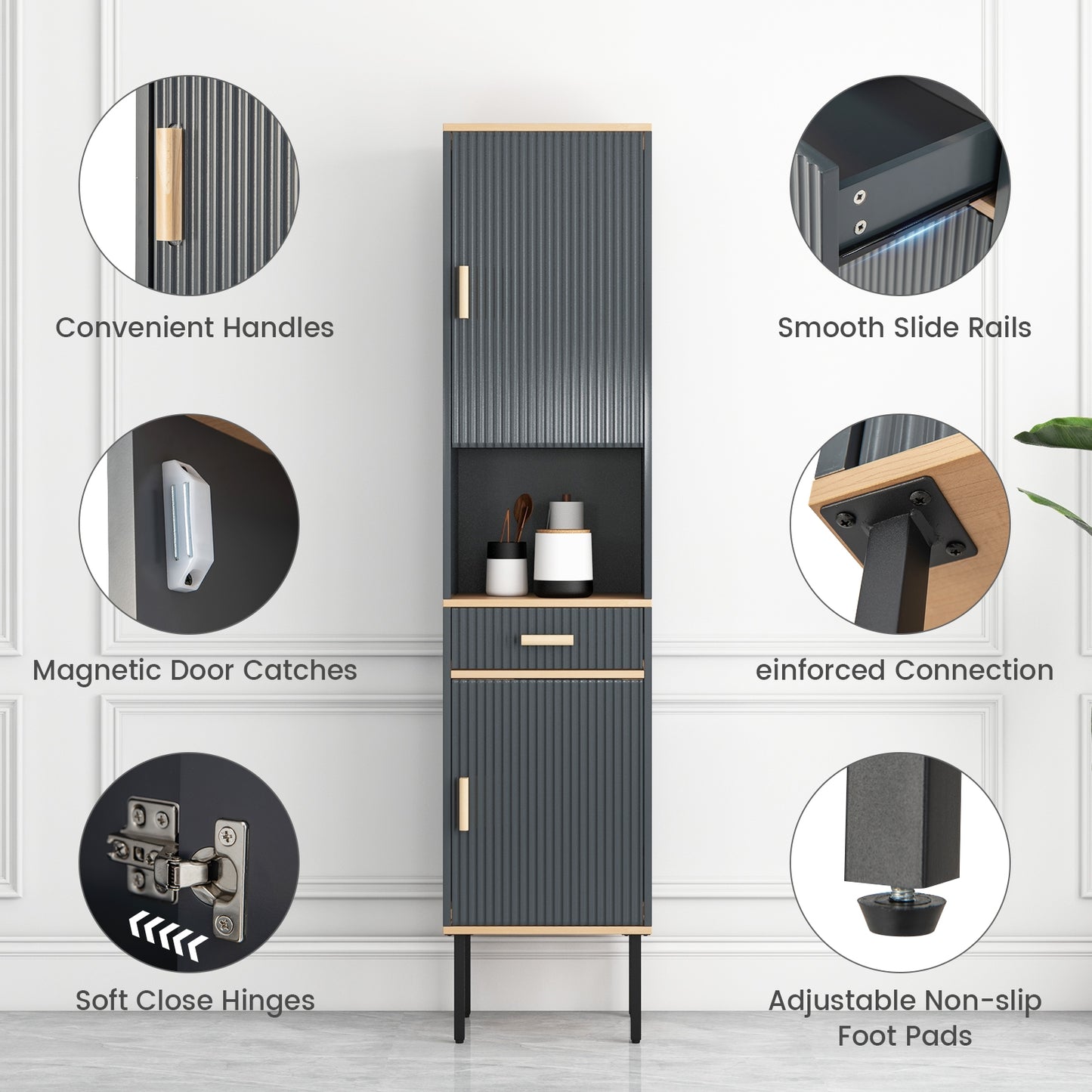 Tall Freestanding Linen Storage Cabinet with Doors & Drawer – Narrow Bathroom Organizer