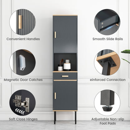 Tall Freestanding Linen Storage Cabinet with Doors & Drawer – Narrow Bathroom Organizer