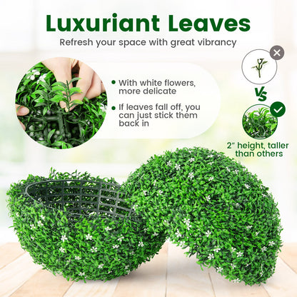 Set of 2 19.5 Inch Artificial Holly Boxwood Topiary Balls – Lifelike Faux Greenery