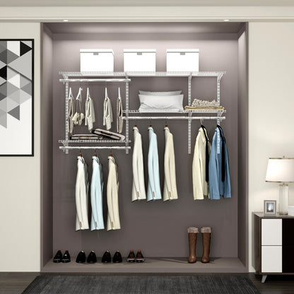 Adjustable Wall-Mounted Closet Organizer Kit with Shelves and Hanging Rods for 3 to 5 Ft Spaces – White