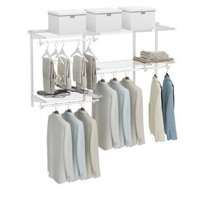 Adjustable Wall-Mounted Closet Organizer Kit with Shelves and Hanging Rods for 3 to 5 Ft Spaces – White