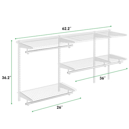 Adjustable Wall-Mounted Closet Organizer Kit with Shelves and Hanging Rods for 3 to 5 Ft Spaces – White