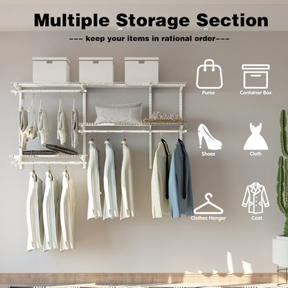 Adjustable Wall-Mounted Closet Organizer Kit with Shelves and Hanging Rods for 3 to 5 Ft Spaces – White