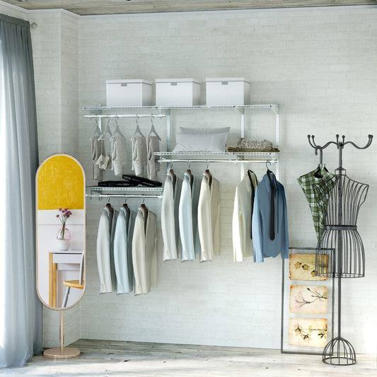 Adjustable Wall-Mounted Closet Organizer Kit with Shelves and Hanging Rods for 3 to 5 Ft Spaces – White