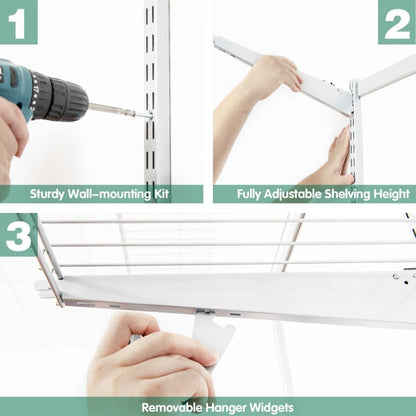 Adjustable Wall-Mounted Closet Organizer Kit with Shelves and Hanging Rods for 3 to 5 Ft Spaces – White