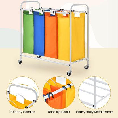 136L Laundry Sorter with 4 Color Coded Bags and Lockable Wheels