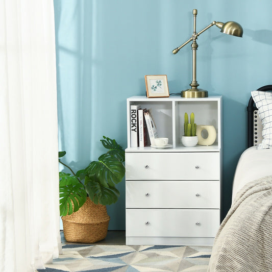 Modern 3 Drawer Storage Dresser with Open Cubbies for Bedroom or Living Room White