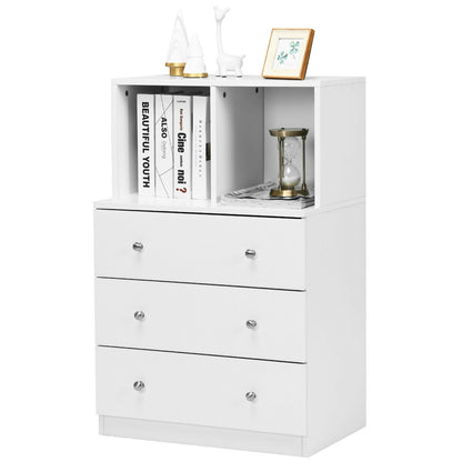 Modern 3 Drawer Storage Dresser with Open Cubbies for Bedroom or Living Room White