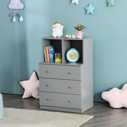 Modern 3 Drawer Storage Dresser with Open Cubbies for Bedroom or Living Room Grey