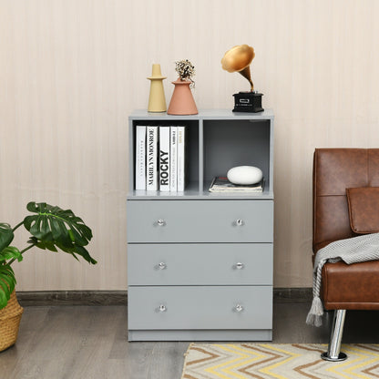 Modern 3 Drawer Storage Dresser with Open Cubbies for Bedroom or Living Room Grey