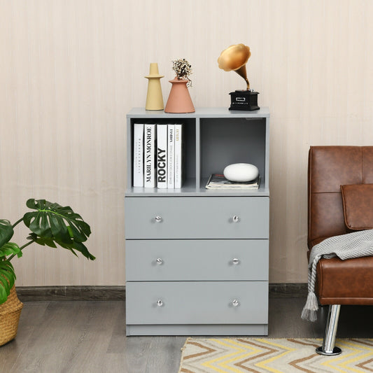 Modern 3 Drawer Storage Dresser with Open Cubbies for Bedroom or Living Room Grey