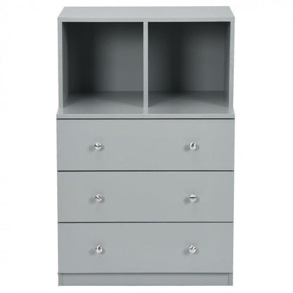 Modern 3 Drawer Storage Dresser with Open Cubbies for Bedroom or Living Room Grey