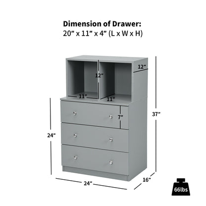 Modern 3 Drawer Storage Dresser with Open Cubbies for Bedroom or Living Room Grey