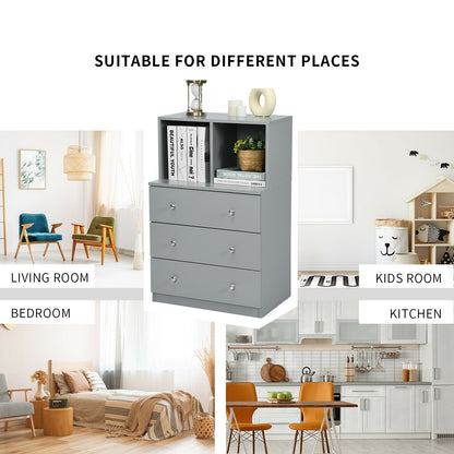 Modern 3 Drawer Storage Dresser with Open Cubbies for Bedroom or Living Room Grey