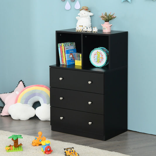 Modern 3 Drawer Storage Dresser with Open Cubbies for Bedroom or Living Room Black