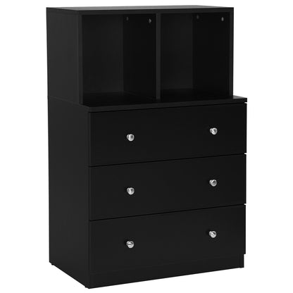 Modern 3 Drawer Storage Dresser with Open Cubbies for Bedroom or Living Room Black