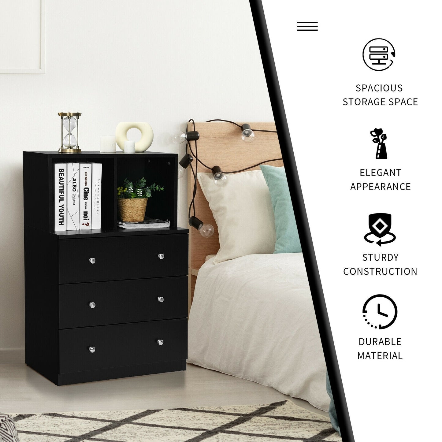 Modern 3 Drawer Storage Dresser with Open Cubbies for Bedroom or Living Room Black